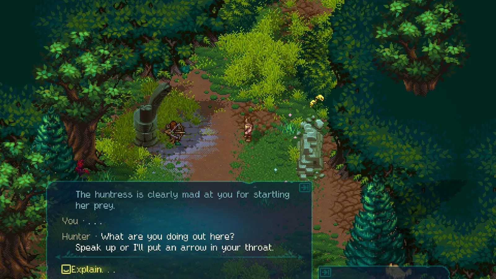 In a forest camp, a hunter NPC confronts the player with dialogue options including Explain.