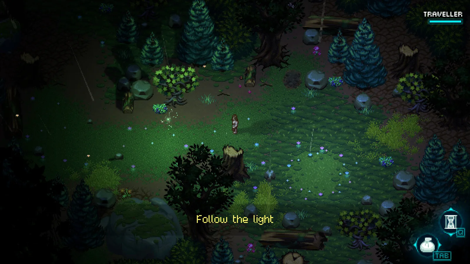 A dark forest scene shows an on-screen prompt to follow the light, with a Traveller status bar and item icons in the HUD corners.
