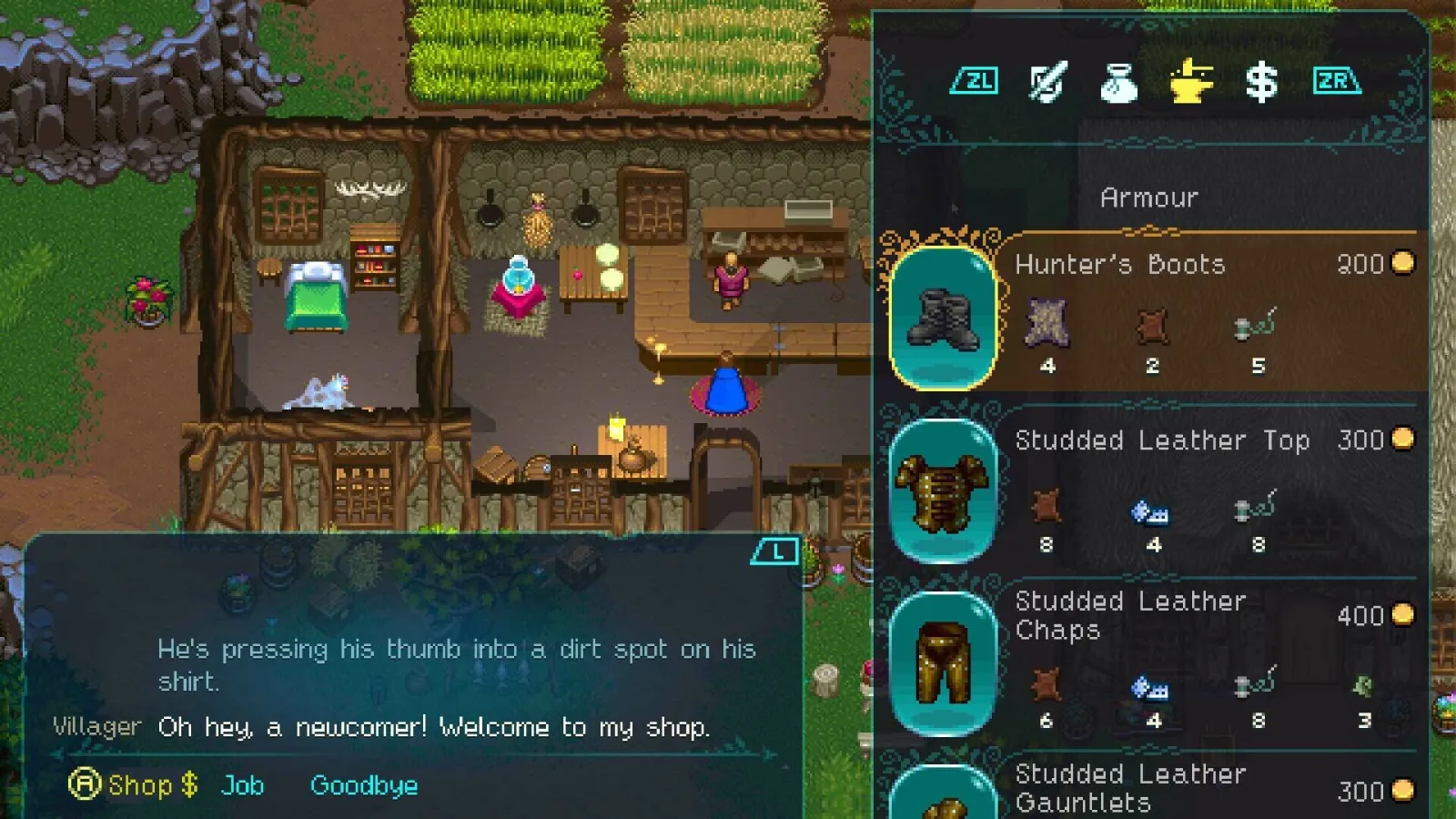 A merchant dialogue lists studded leather armor pieces and hunter boots with gold prices beside each line.